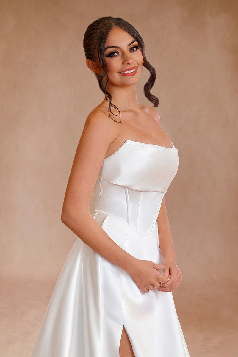 White Strapless Satin A-Line Wedding Dresses