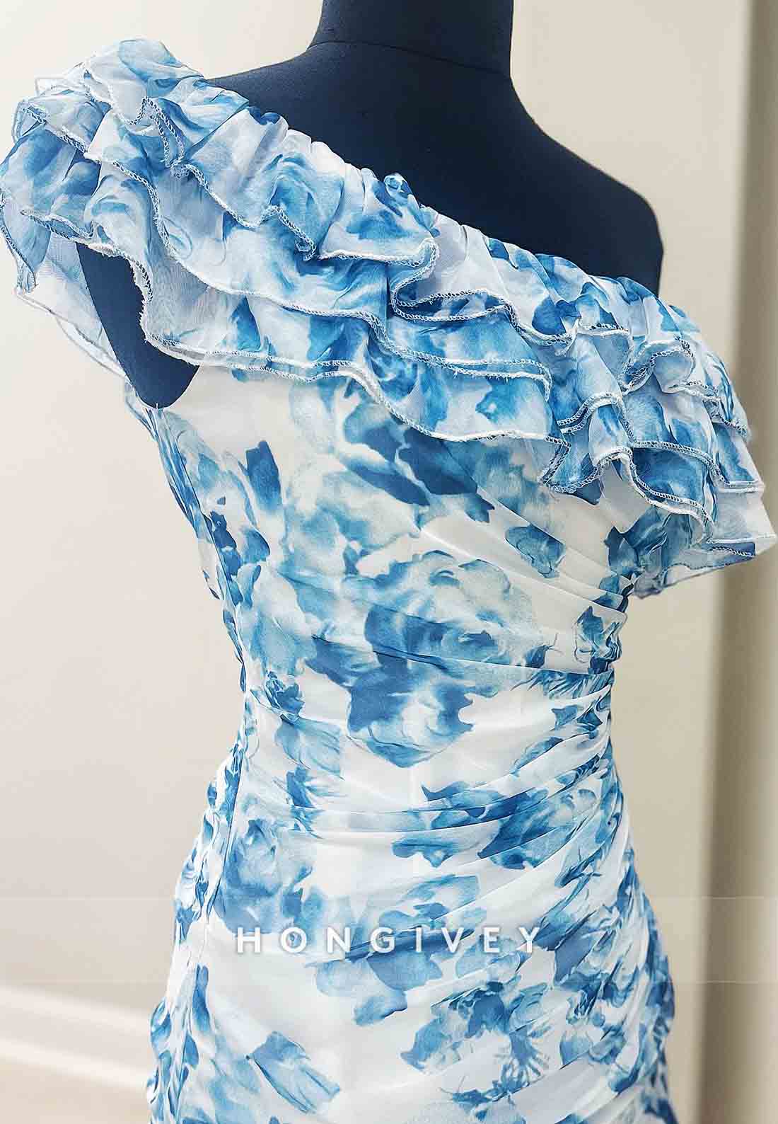 One Shoulder Floral Print Ruched Sheath Pleated Mini Homecoming Dresses