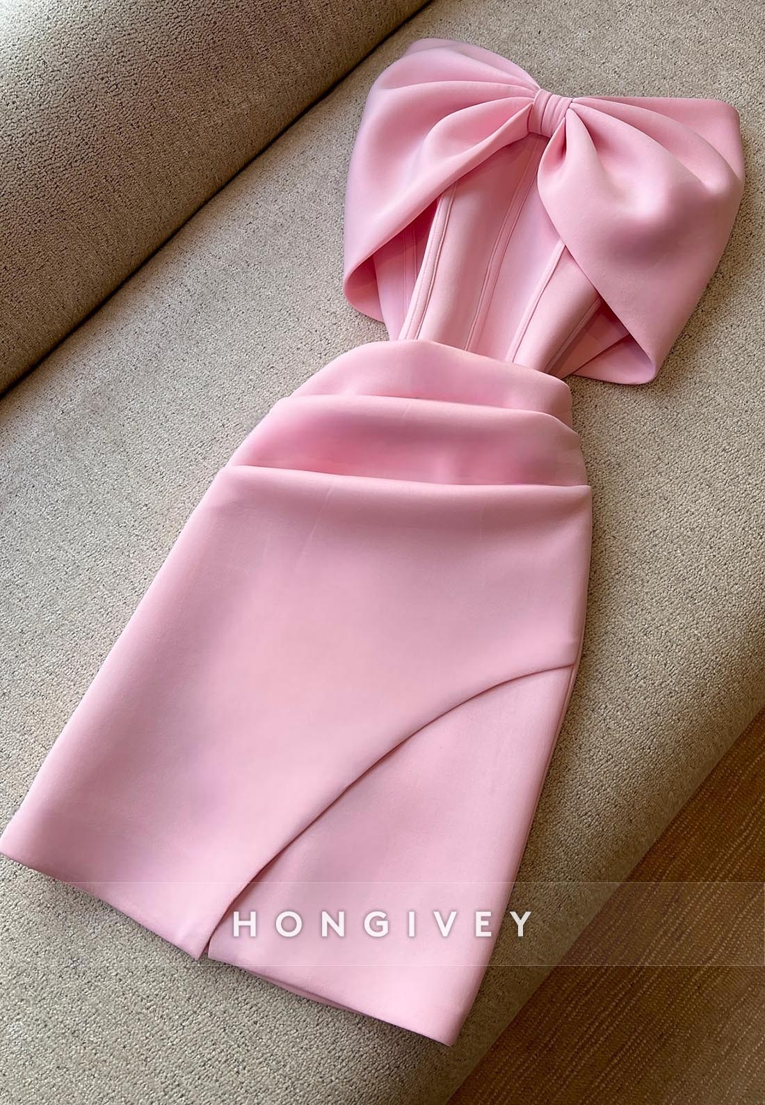 Pink Bowknot Sheath Off the Shoulder Party Dresses Pleated Short Satin Pink Bowknot Sheath Off the Shoulder Party Dresses Pleated Short Satin