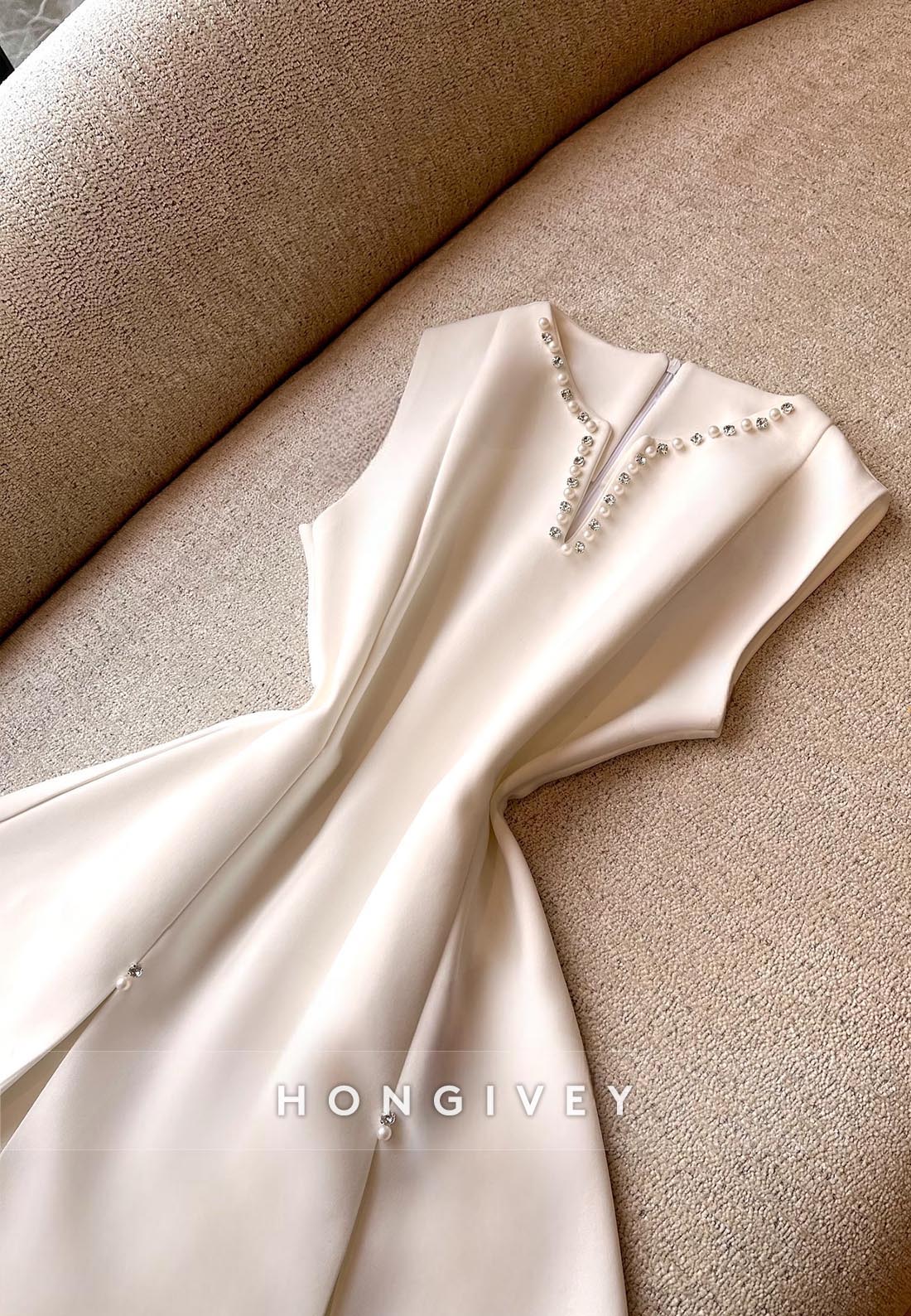 Ivory Pearls Mini Party Dress V Neck Satin Pleated Homecoming Dress