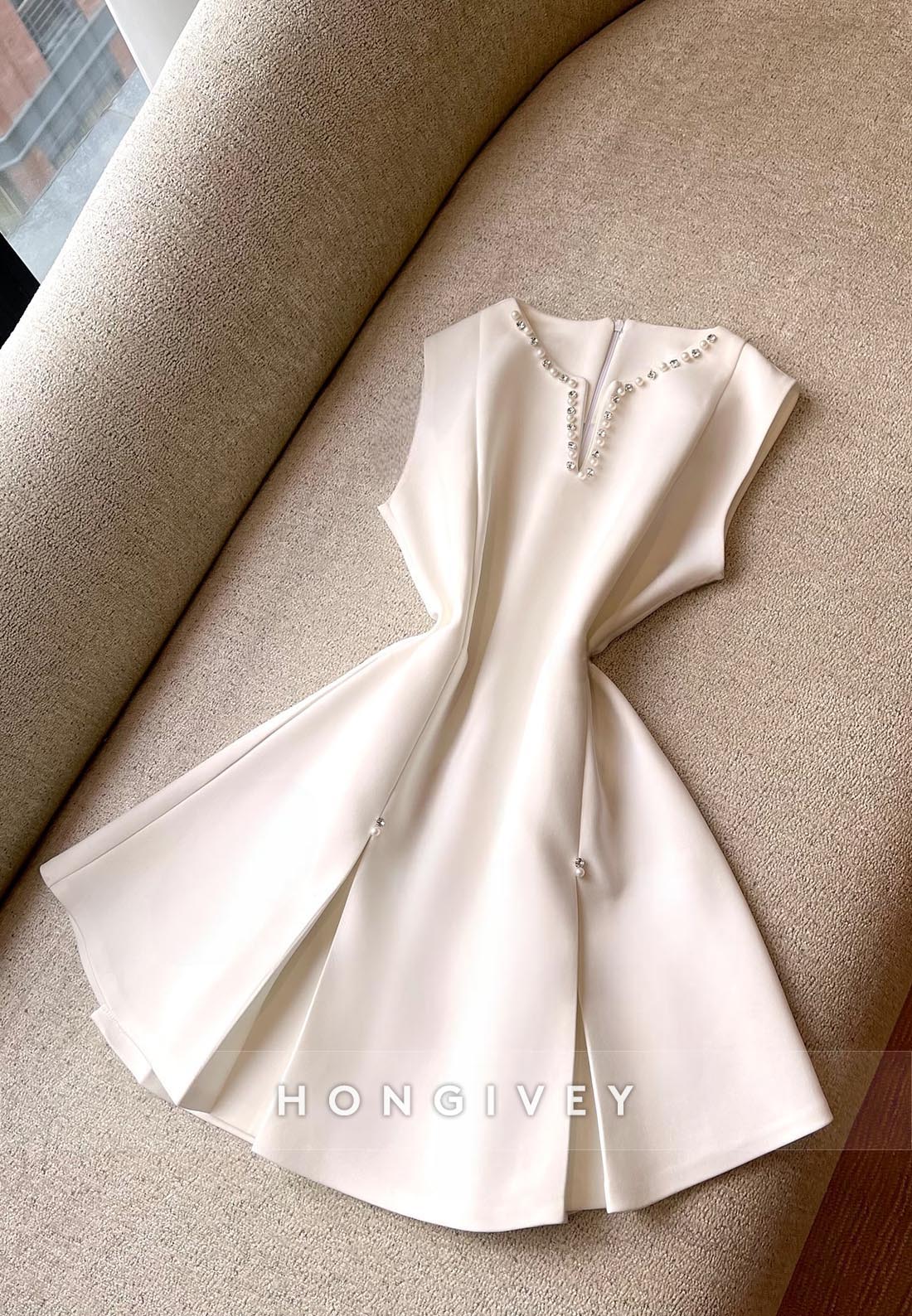 Ivory Pearls Mini Party Dress V Neck Satin Pleated Homecoming Dress