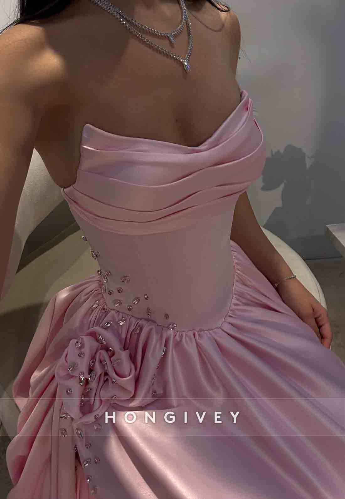 Pink Strapless Satin Floor-Length A-Line Pleated High Slit Prom Dresses