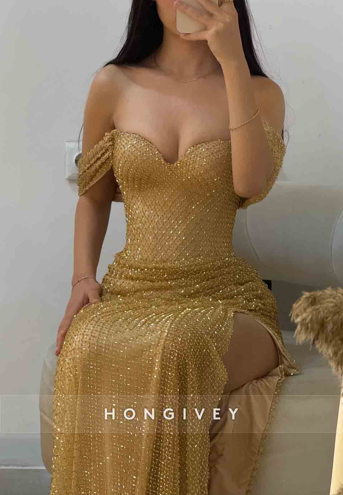 Golden Off the Shoulder Pleated Floor-Length Side Slit Column Prom Dress