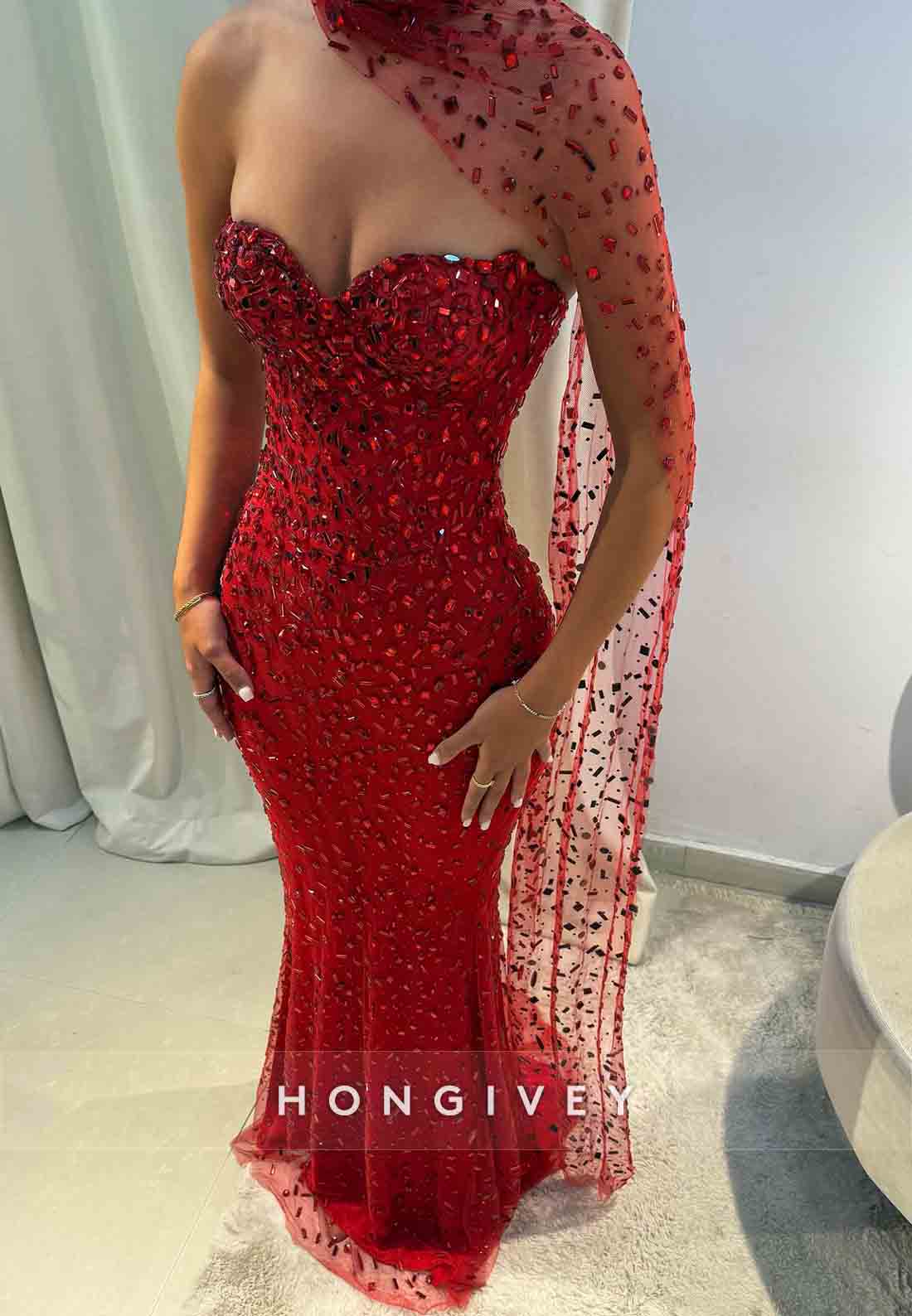 Sweetheart Beading Floor-Length Side Draping Rhinestone Mermaid Evening Gowns