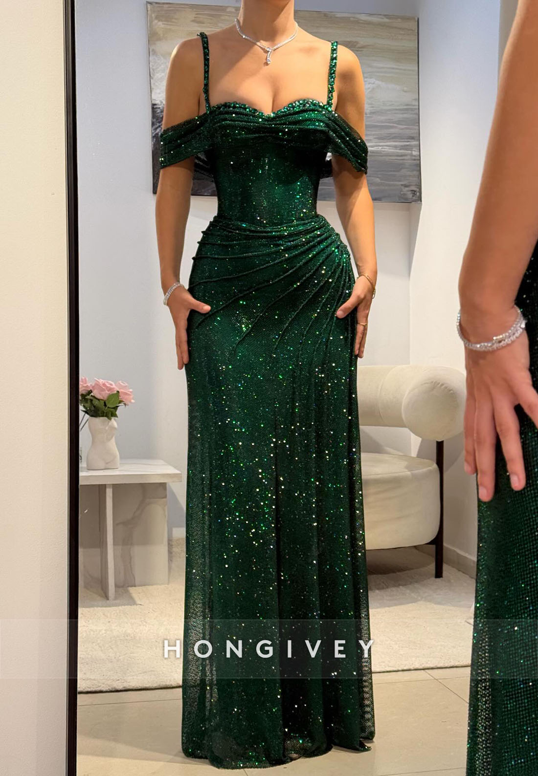 Glitter Off-Shoulde Column Pleated Floor-Length Evening Gowns with High Slit