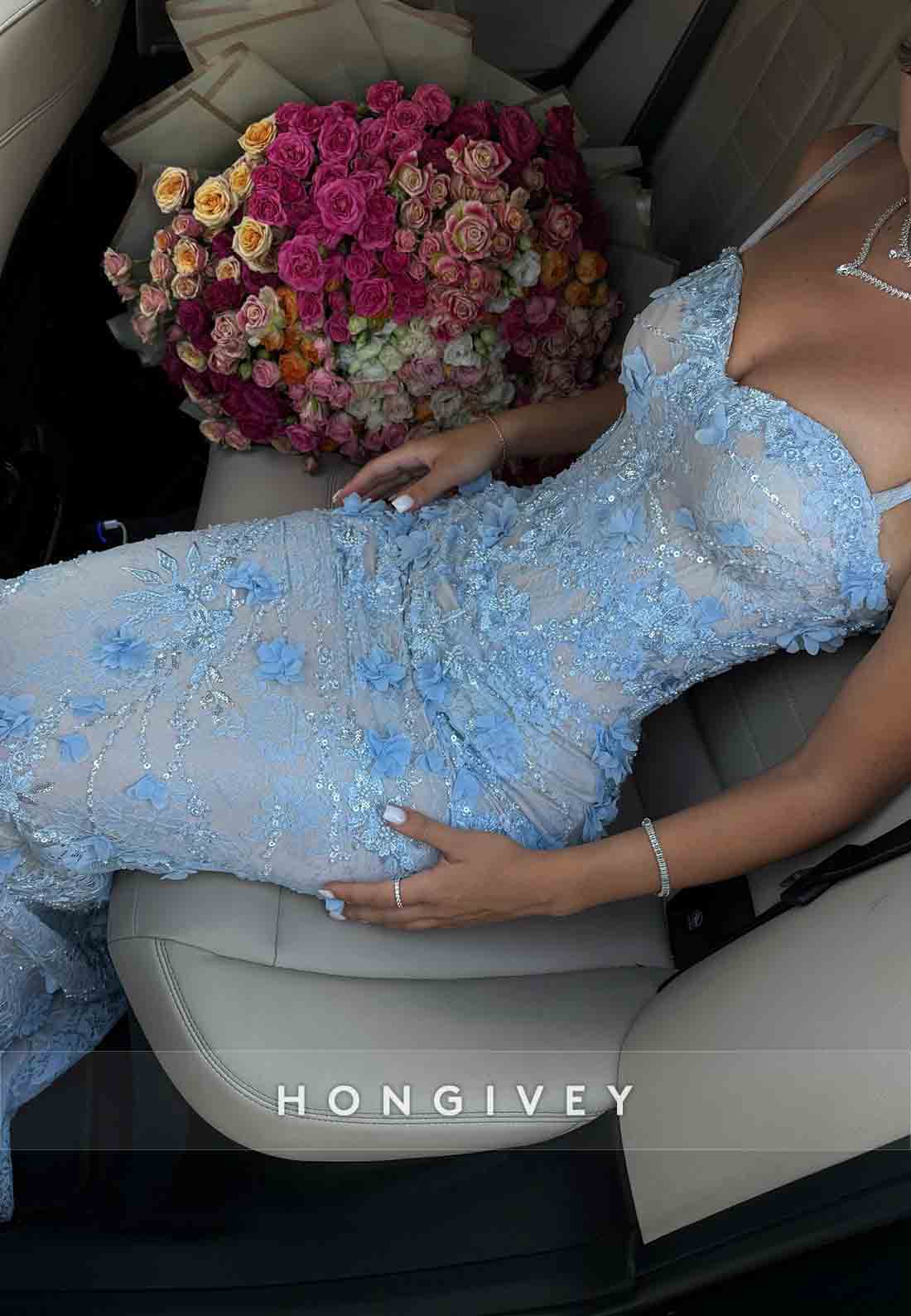 Gorgeous Blue Sweetheart Appliqued Spaghetti Straps Floor-Length Prom Dresses