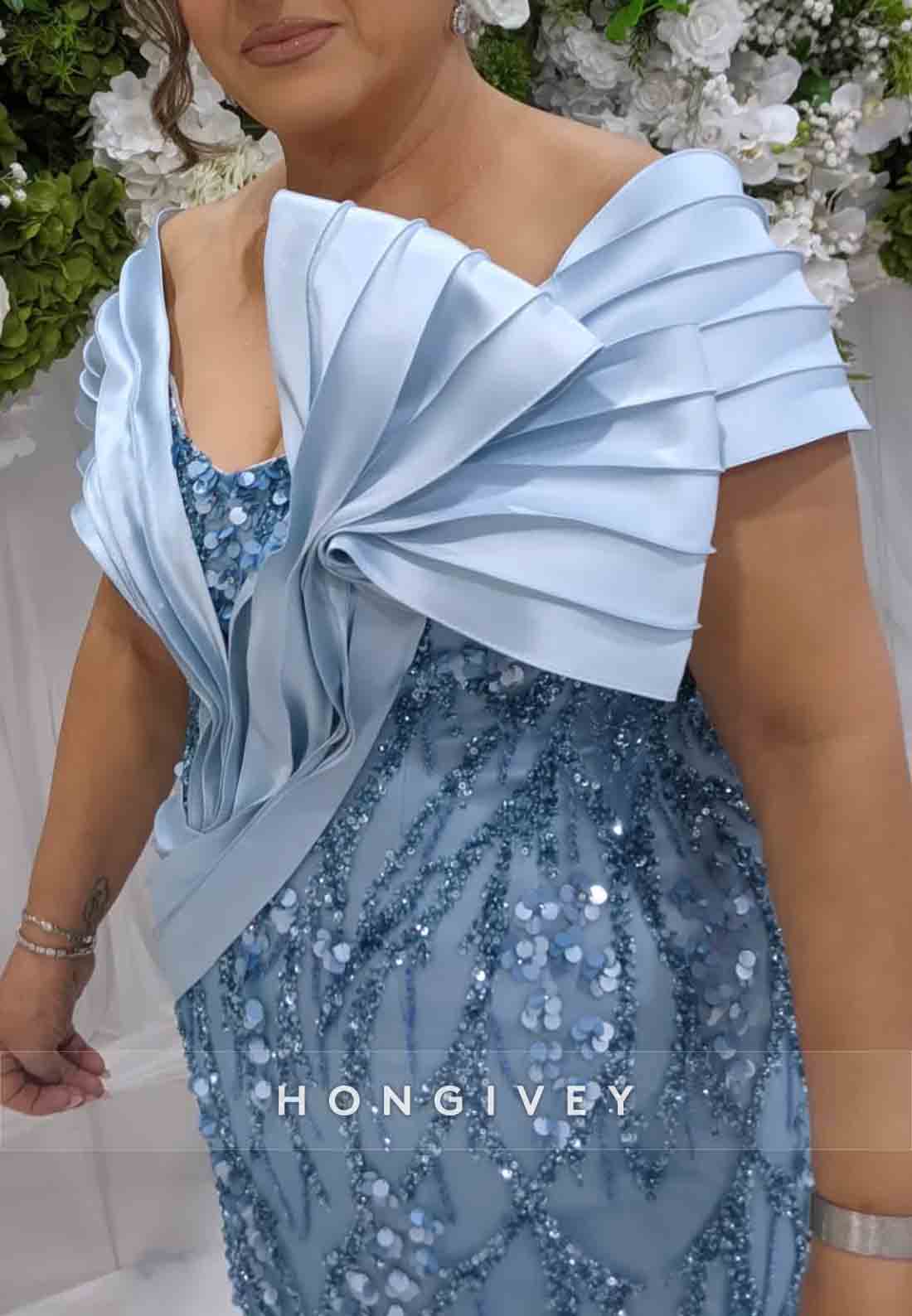 Column Floor-Length Cap Sleeves Sequined Pleated Mother of the Bride Dress