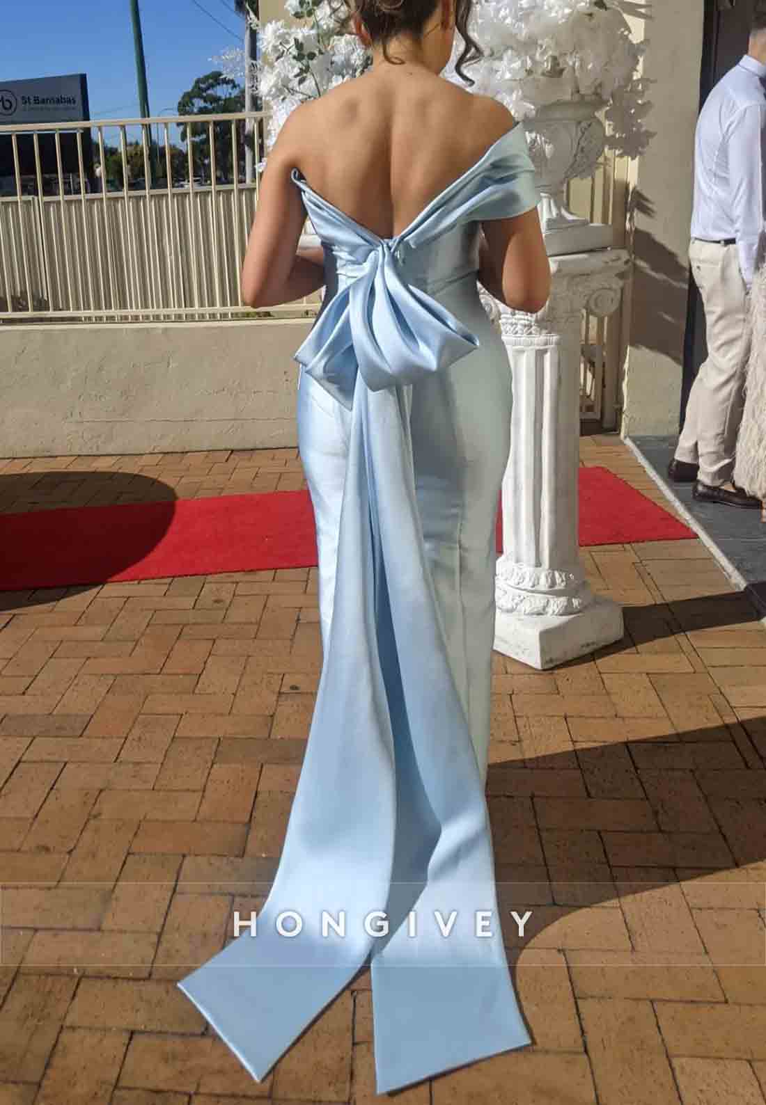 Satin Appliqued Bowknot V Back Column Floor-Length One Shoulder Mother of the Bride Dresses