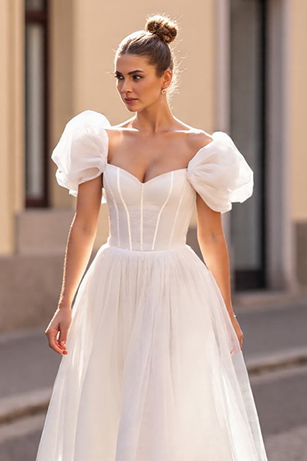 Bubble Sleeves Sweetheart Tulle A-Line Wedding Dress Long Online