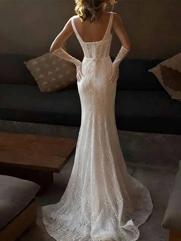 Trumpet/Mermaid Square Sleeveless Court Train Lace Wedding Dresses