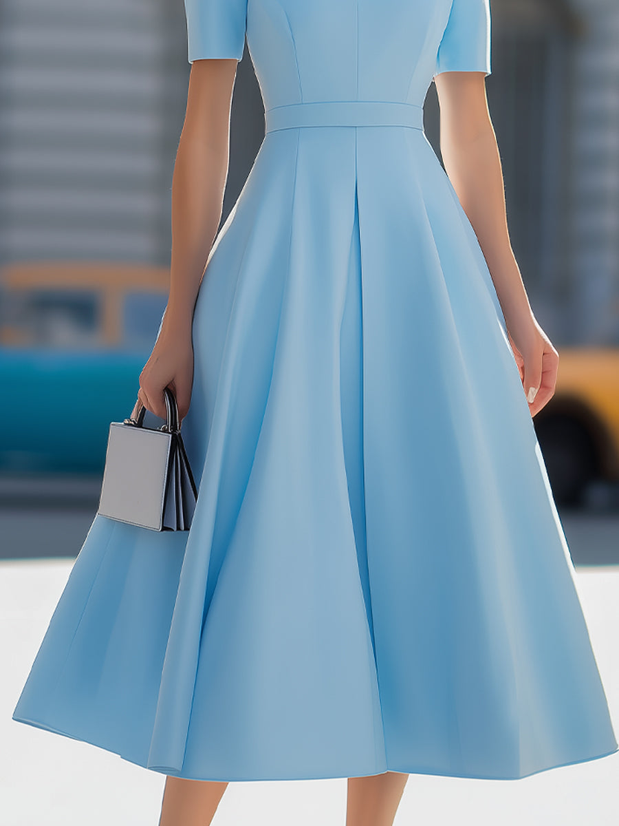 Sky Blue High Neck Short Sleeve Pleated Fit-and-Flare Midi Dress