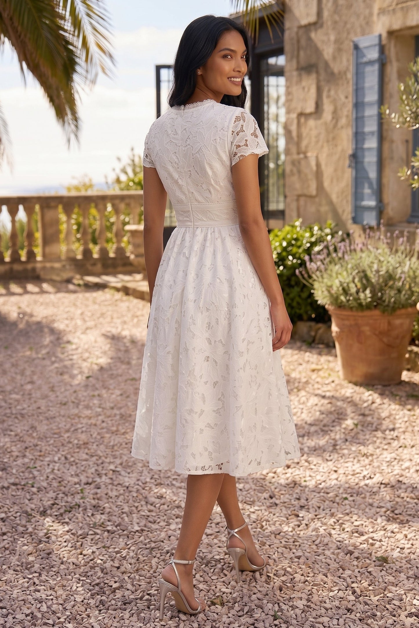 Simple Lace Half Sleeve A-Line Tea-Length Wedding Dress