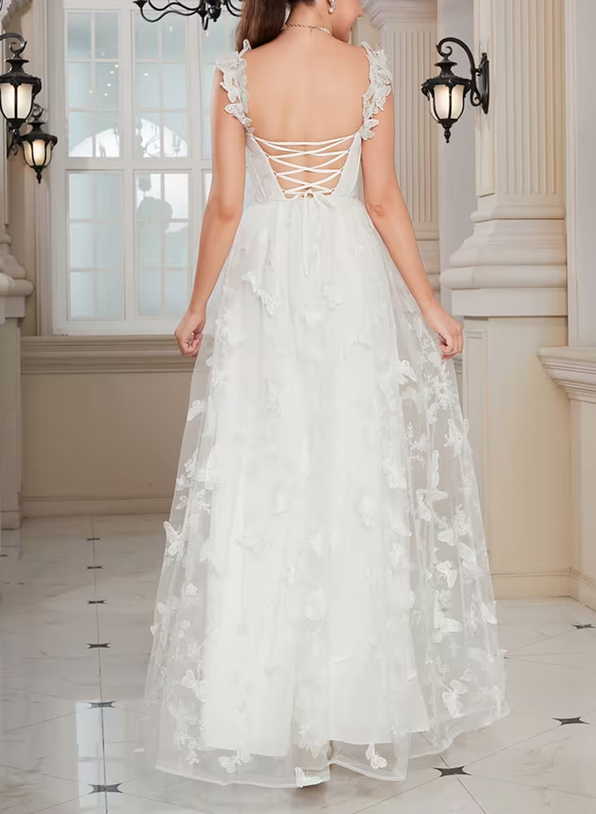 Applique Spaghetti Straps Sleeveless Tulle A-Line Ankle-Length Wedding Dress