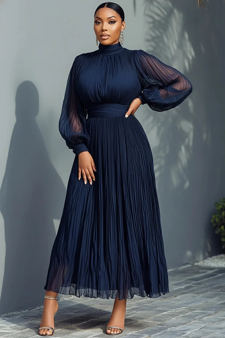 Plus Size Churchs Navy Blue Mock Neck Lantern Sleeve Long Sleeve See Through Elegant Ruffled Midi Dresses