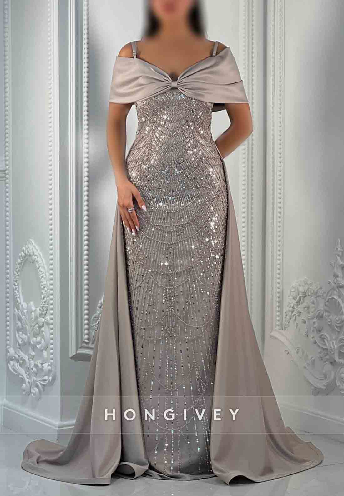 Glitter Off-Shoulder Column Floor-Length Detachable Evening Gown with Beading