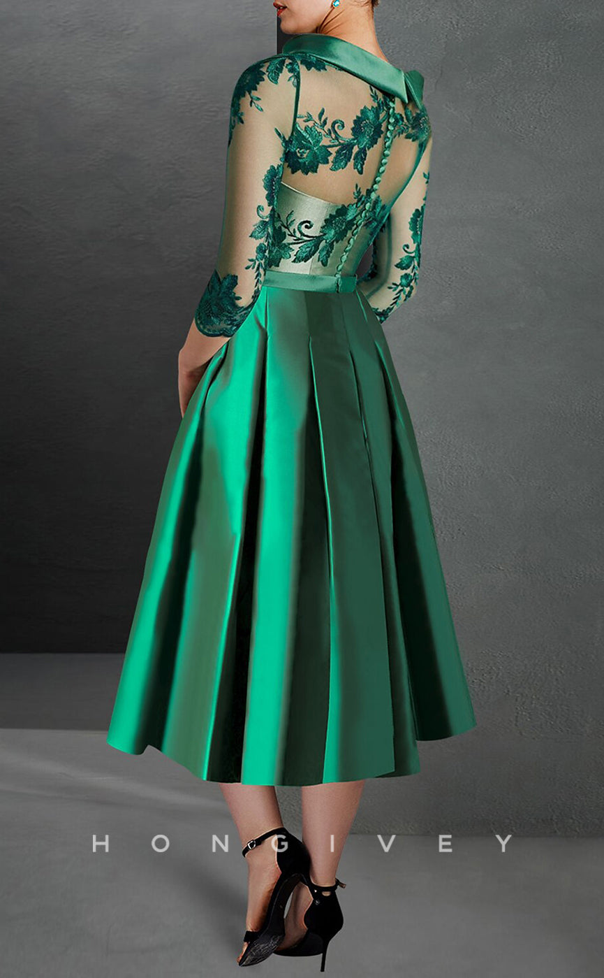 HM214 - A-Line Scoop Lace Applique 3/4 Sleeves Tea-Length Mother of the Bride Dress