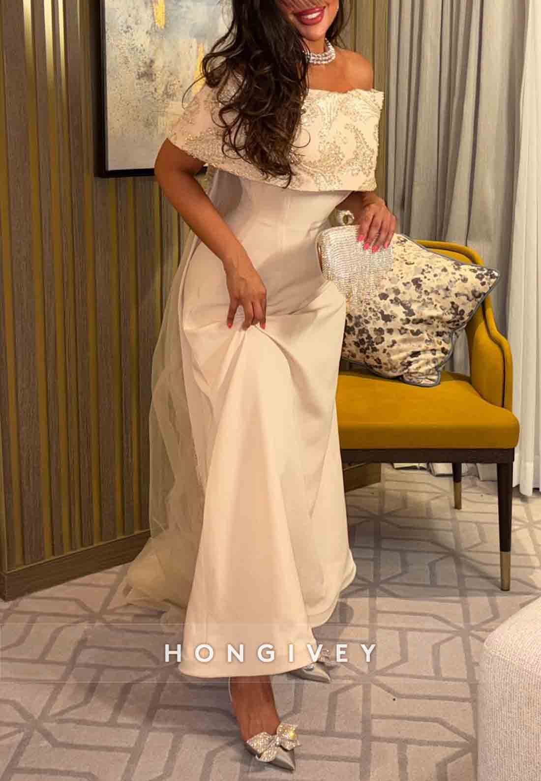 Embroidery A-Line Off the Shoulder Floor-Length Shawl Detachable Evening Gowns