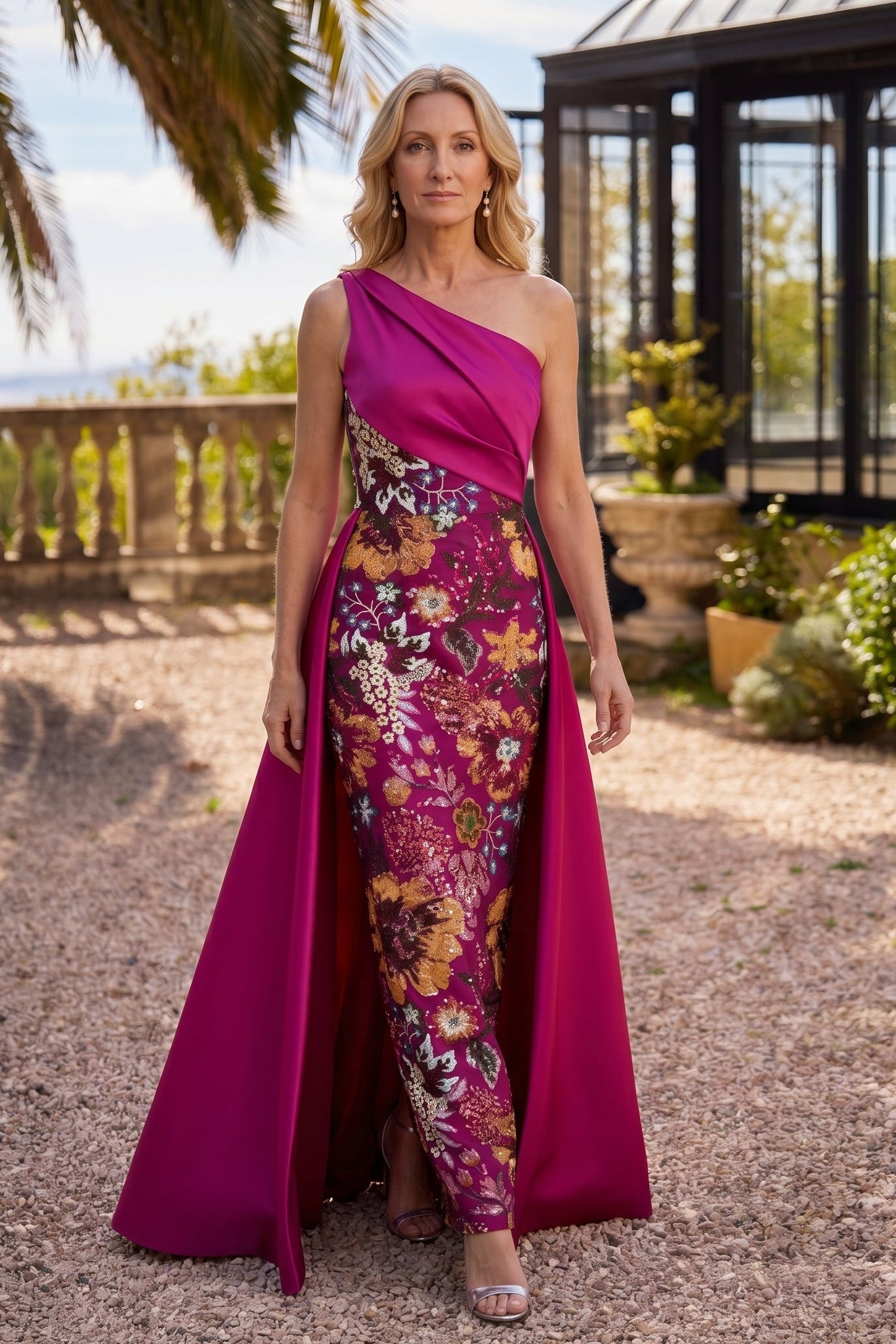 Fuchsia One Shoulder Sleeveless Flowers Floral Print Court Train Evening Dress