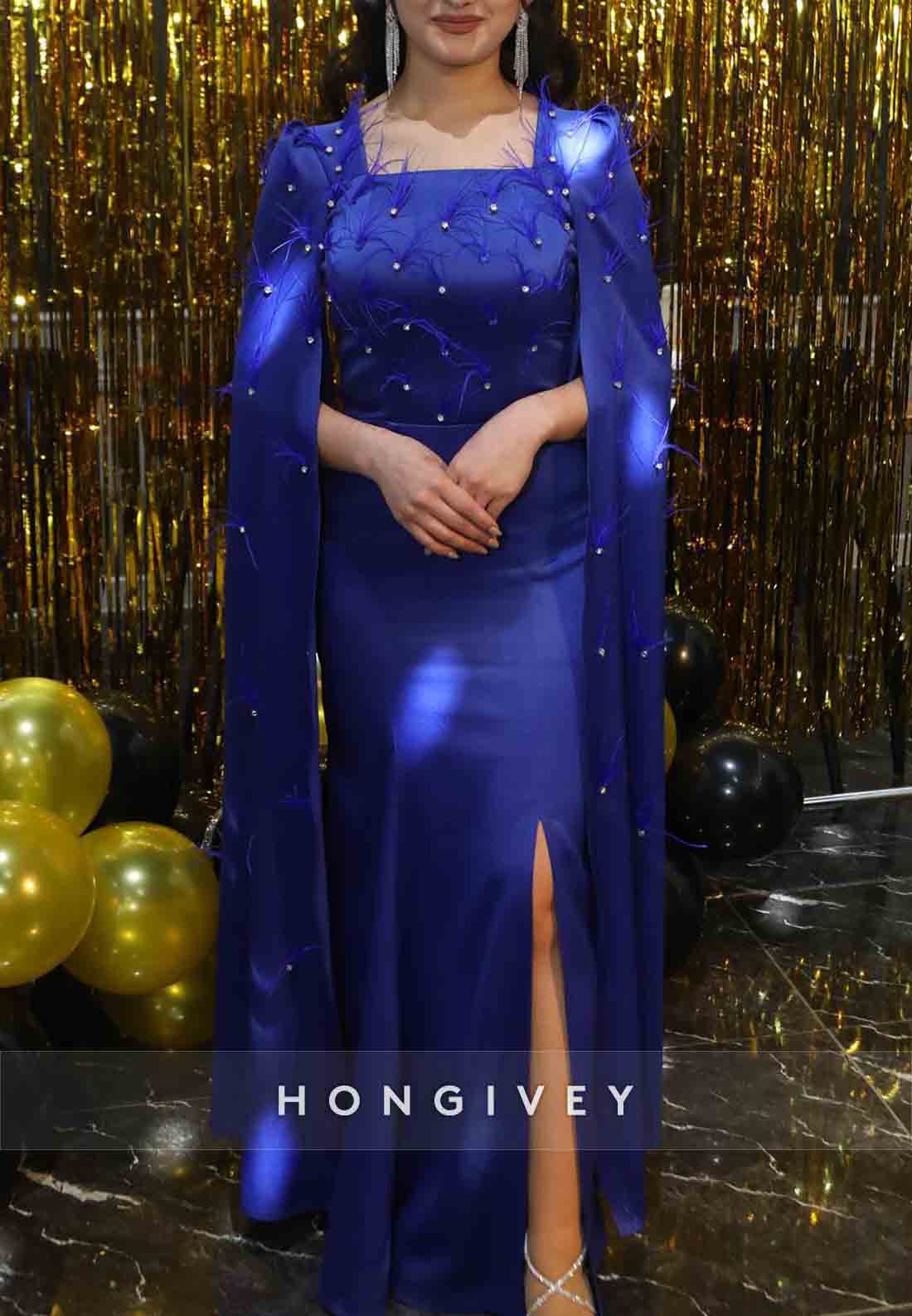 Side Slit Royal Blue Satin Floor-Length Trumpet Evening Gowns with Feather