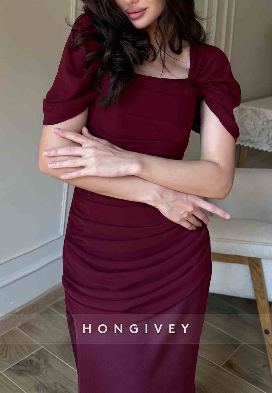 Short Sleeves Square Neck Floor-Length Trumpet Evening Gowns with Ruched Corset