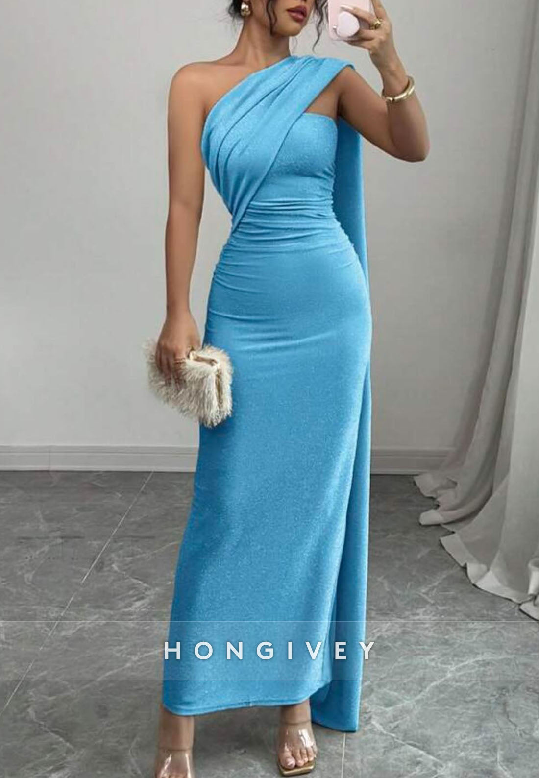 One Shoulder Pleated Column Tea-Length Side Draping Evening Gown