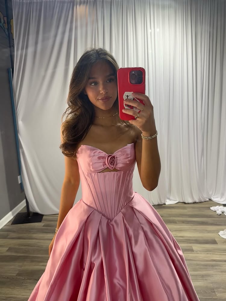 Pink Sweetheart Flowers A-Line Floor-Length Prom Dress Sleeveless Cut Outs