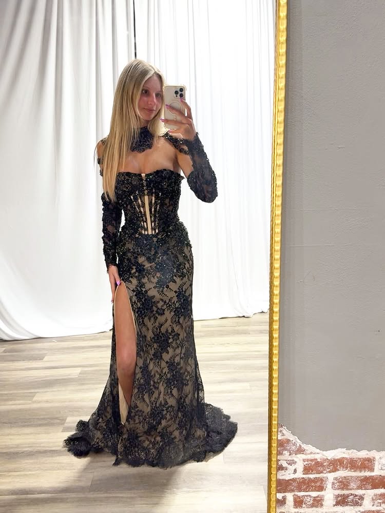 Sexy Black Lace Off the Shoulder Long Sleeve Mermaid Side Slit Prom Dress