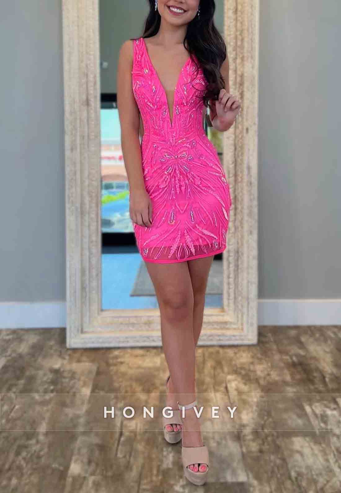 Regular Sheath Straps Low V-Neck Sleeveless Mini Homecoming Dresses