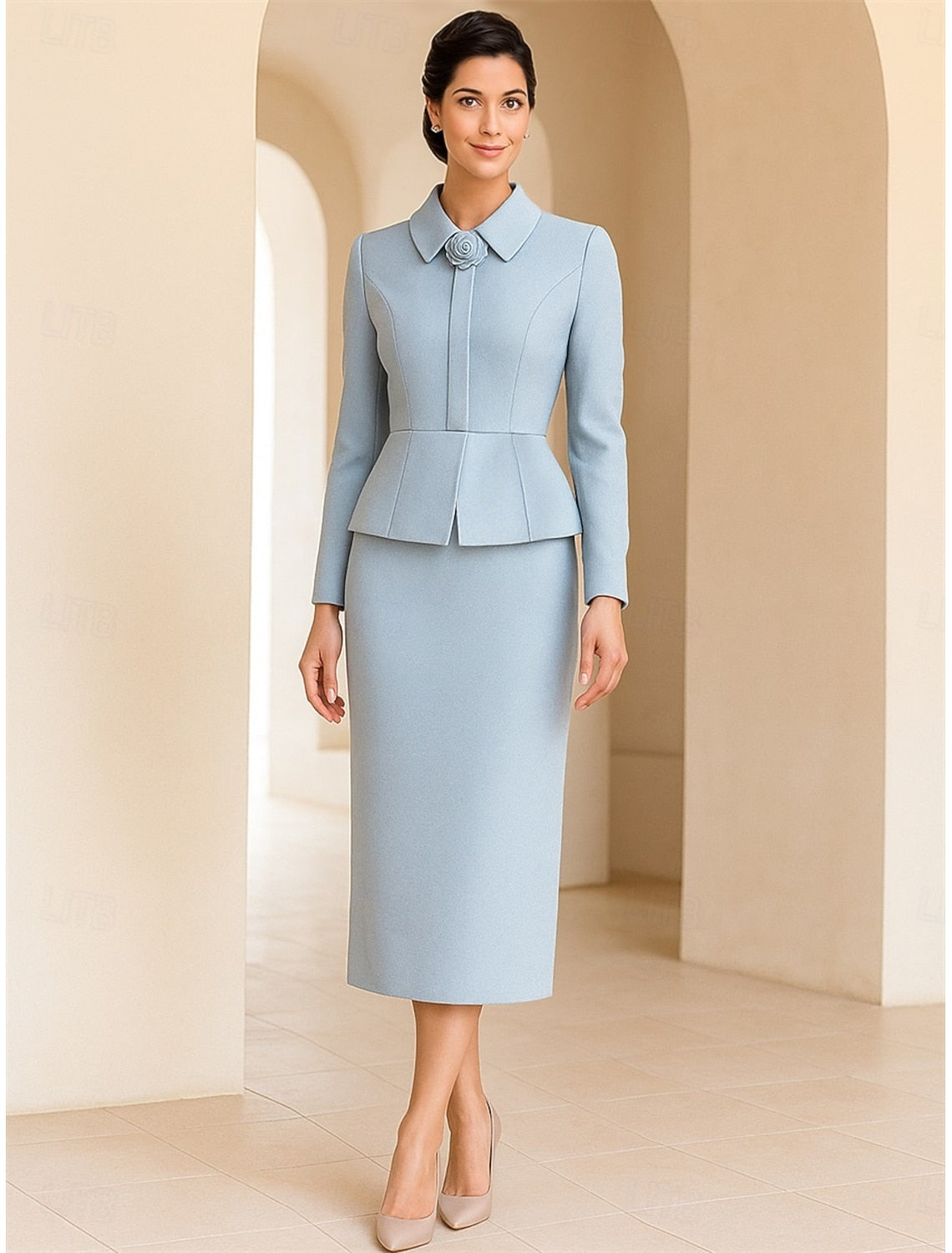 Blue Long Sleeve Mermaid Tea-Length Tea-Length Evening Dress