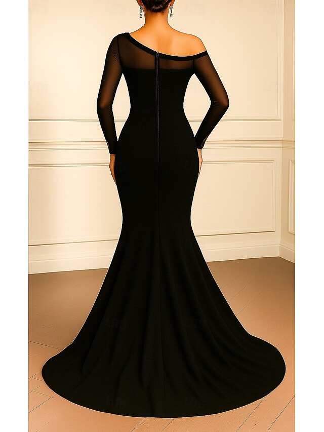 Elegant One Shoulder Long Sleeve Mermaid Floor-Length Evening Sleeve Ruched