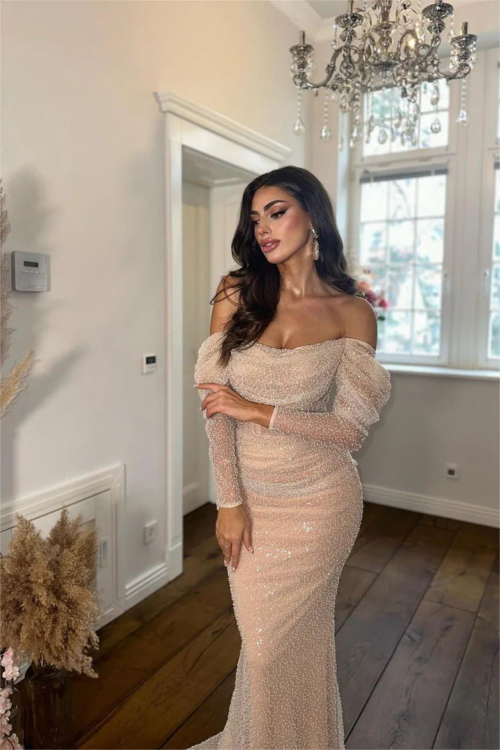 Sparkle Sequins Off the Shoulder Long Sleeve Sheer Mermaid Evening Dress
