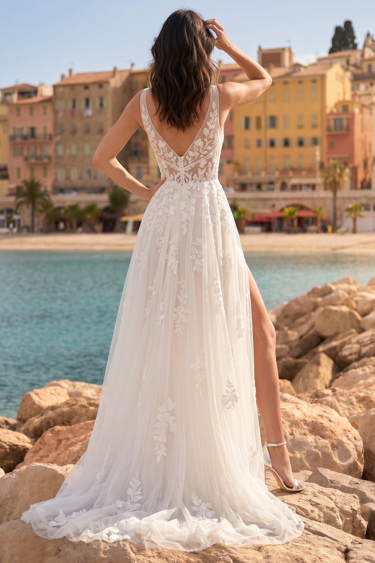 V-Neck Applique Sleeveless A-Line Side Slit Floor-Length Wedding Dress