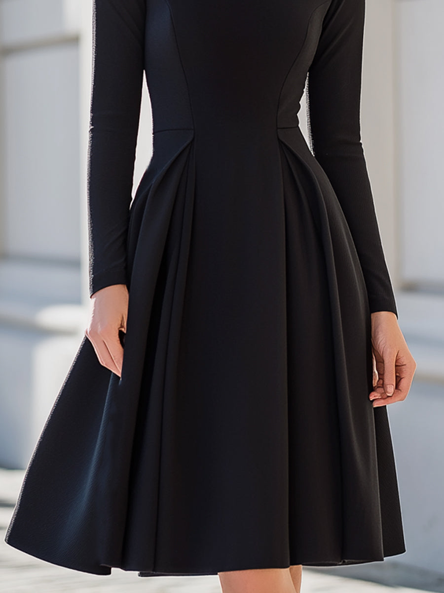 Black Minimalist Long-Sleeve Flared Midi Evening Dress