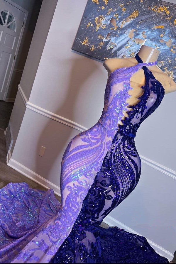 Purple Halter Sleeveless Beaded Sequins Mermaid Prom Dress With Appliques