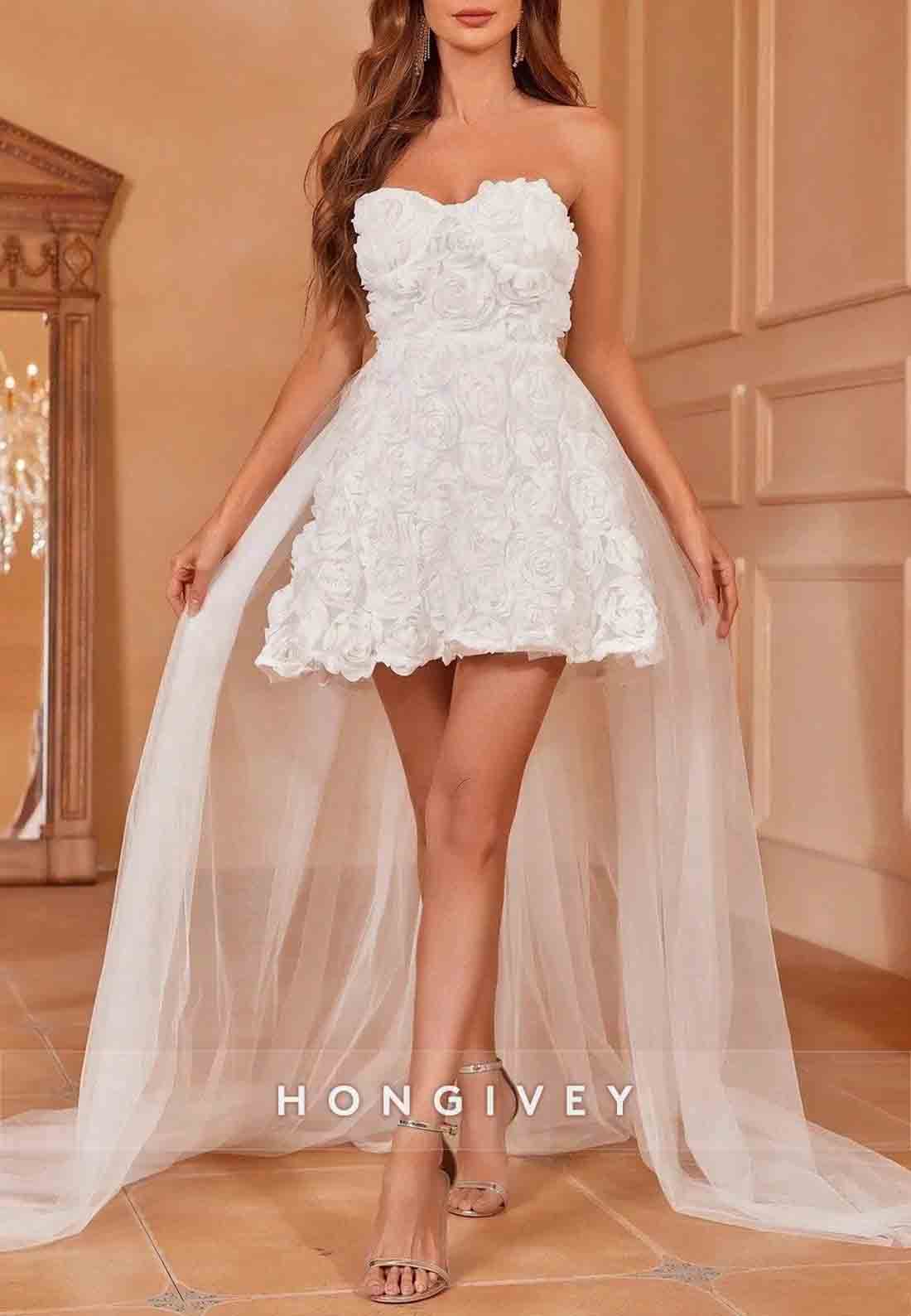 Strapless Stereo Flowers Mesh Detachable A-Line Overlay Tube Wedding Dress