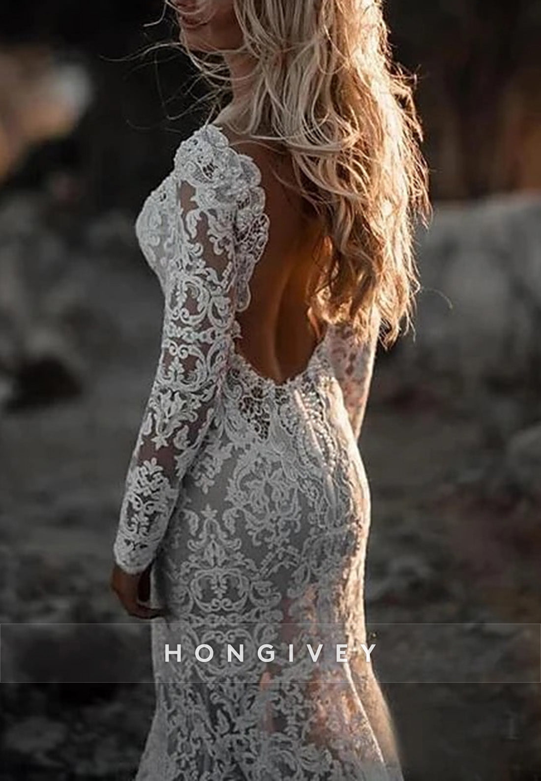 Boho Long Sleeves Court Train Lace Low Back Mermaid Wedding Dresses