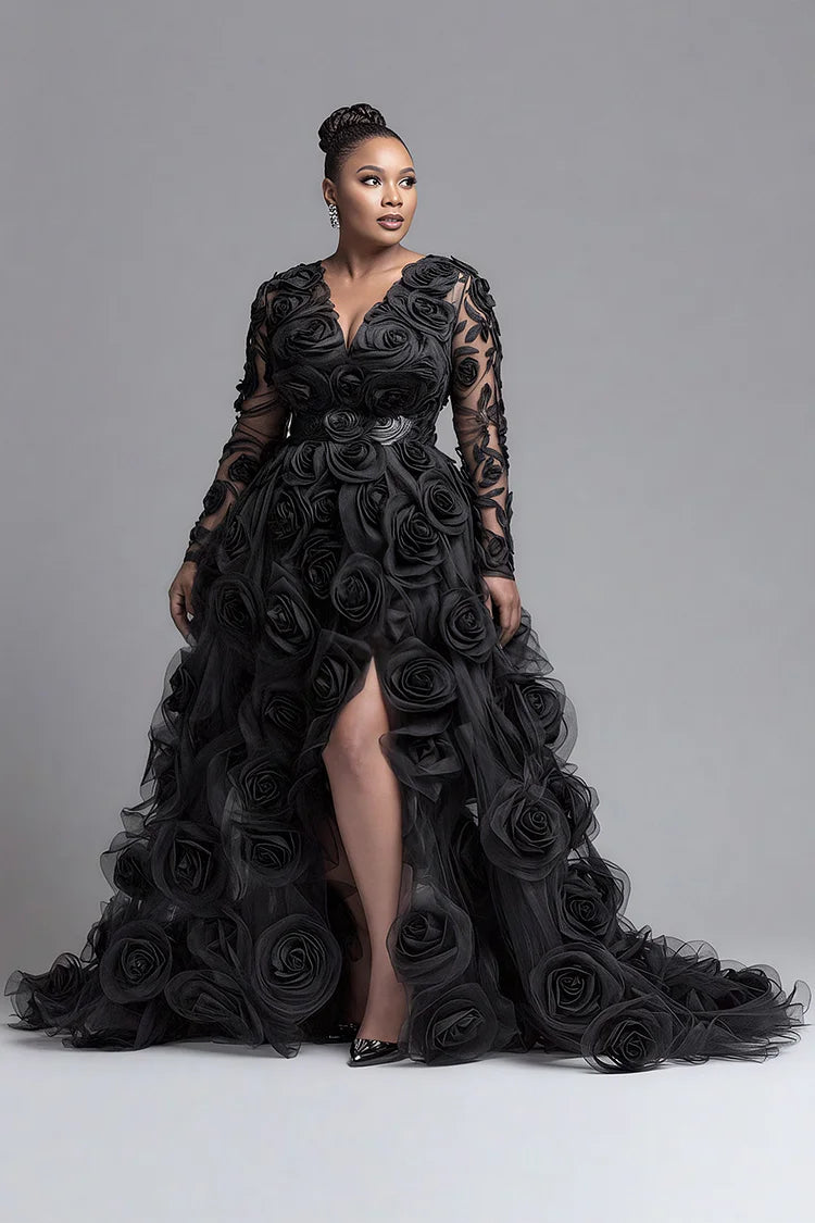 Plus Size Formal Black V Neck Long Sleeve 3D Elegant Split Tulle Maxi Dresses