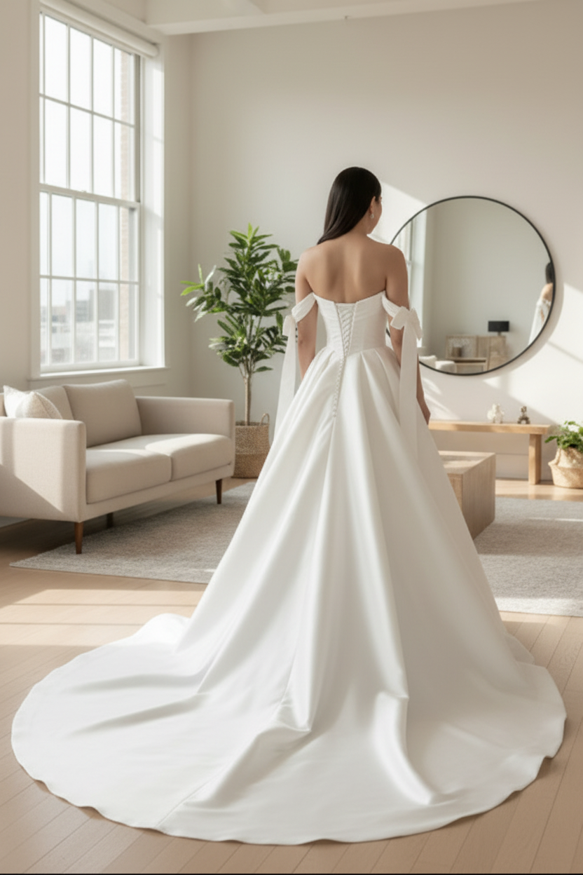 Elegant Satin Ball Gown Wedding Dress with Beaded Sweetheart Corset Off-Shoulder Bow Sleeves