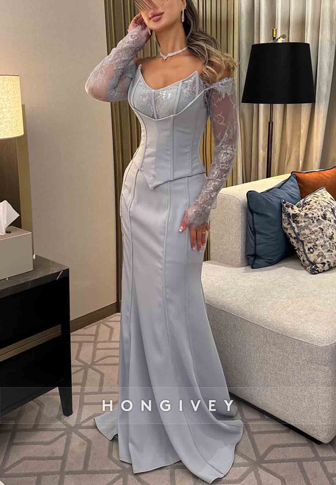 Lace Long Sleeves Off the Shoulder Satin Dolphin Grey Trumpet Evening Gown