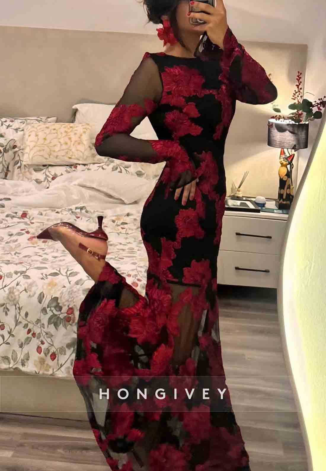 Backless A-Line Floor-Length Bell Sleeves Evening Gown with Red Flowers