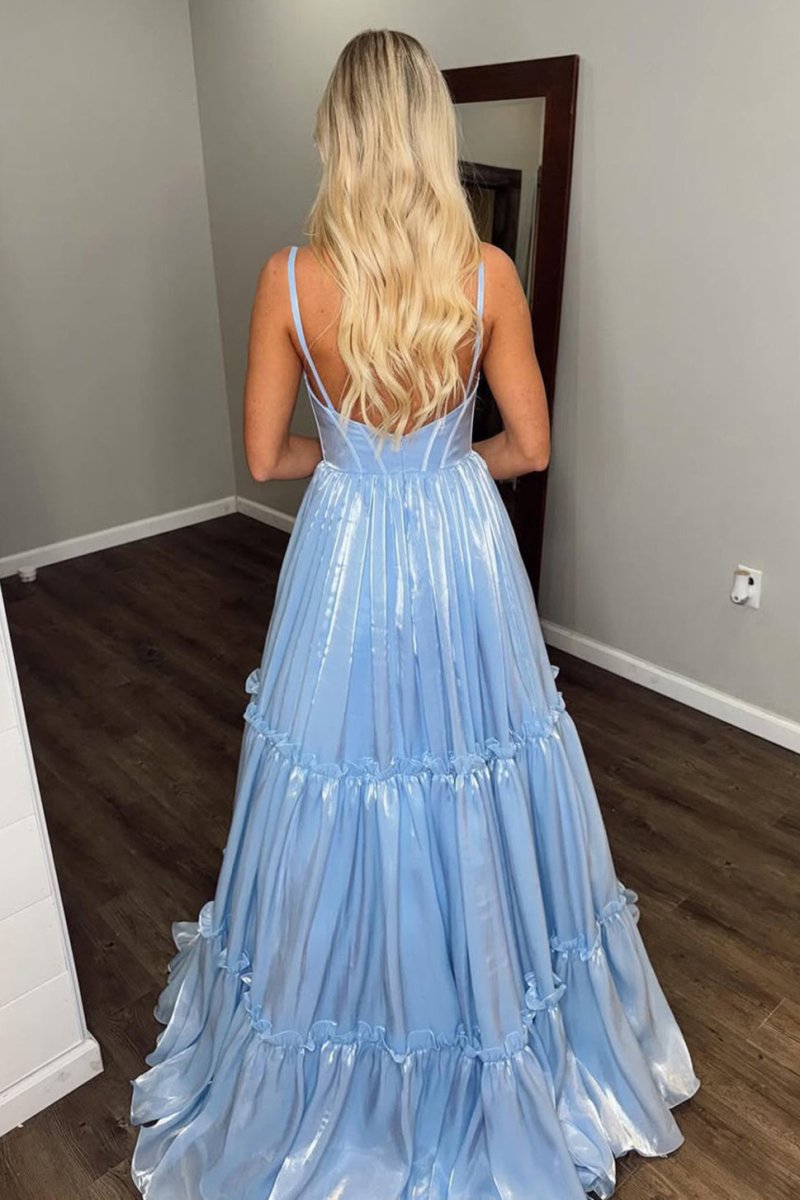 Cute A Line V Neck Light Blue Glitter Organza Satin Prom Dress