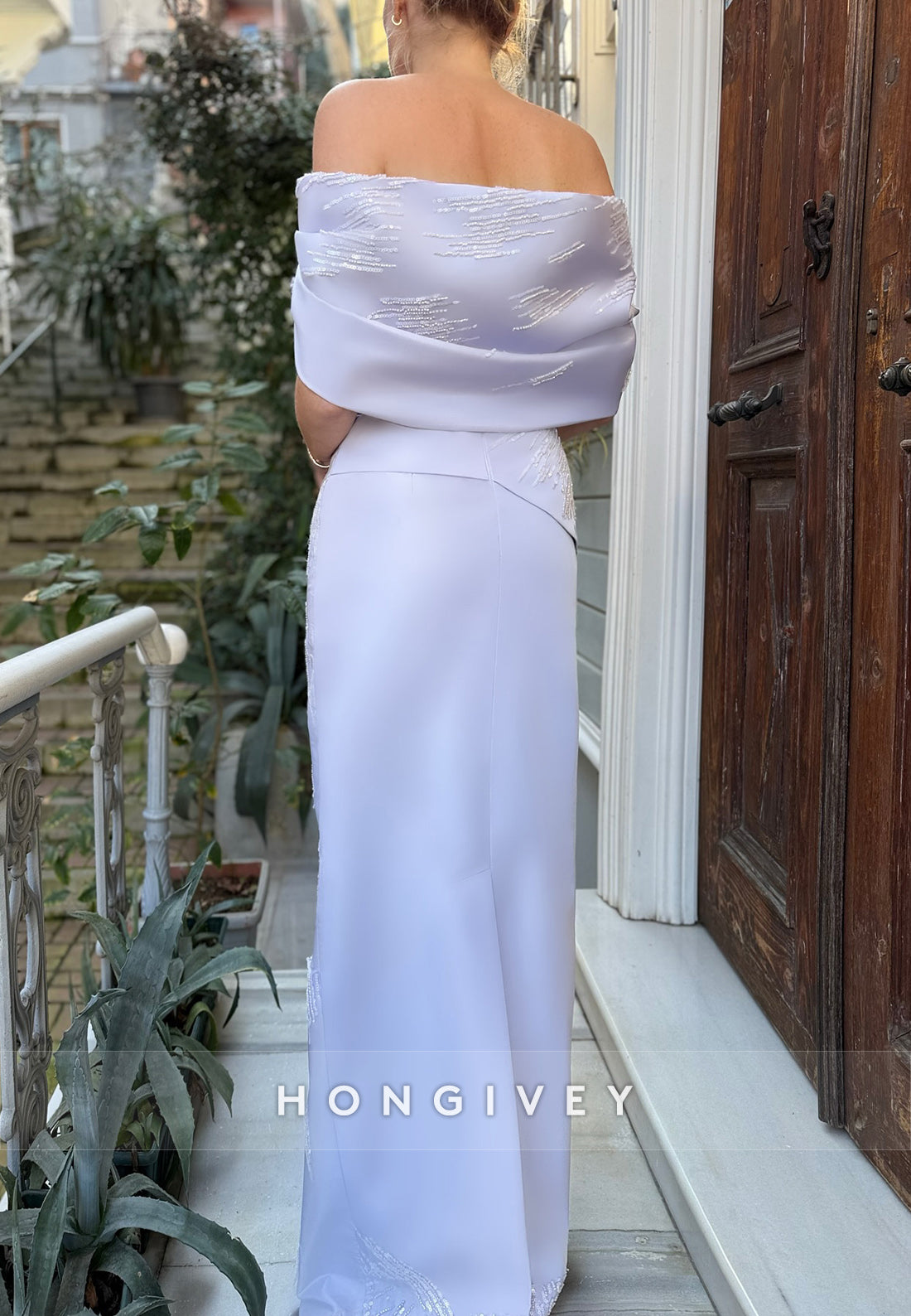 Elegant Satin Column Floor-Length Off the Shoulder Evening Gown