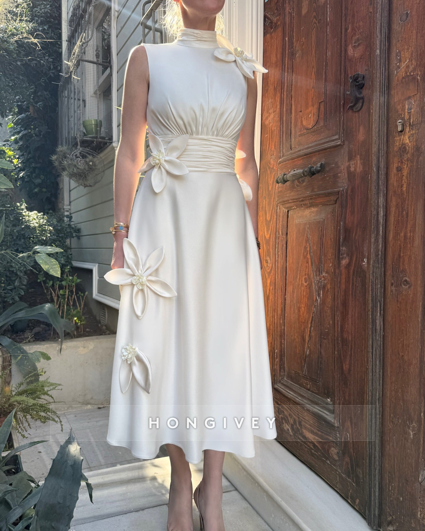 A-line High Neck Tea-Length Mother of the Bride Dress Satin Sleeveless Flowers Pleated Cocktail Dresses