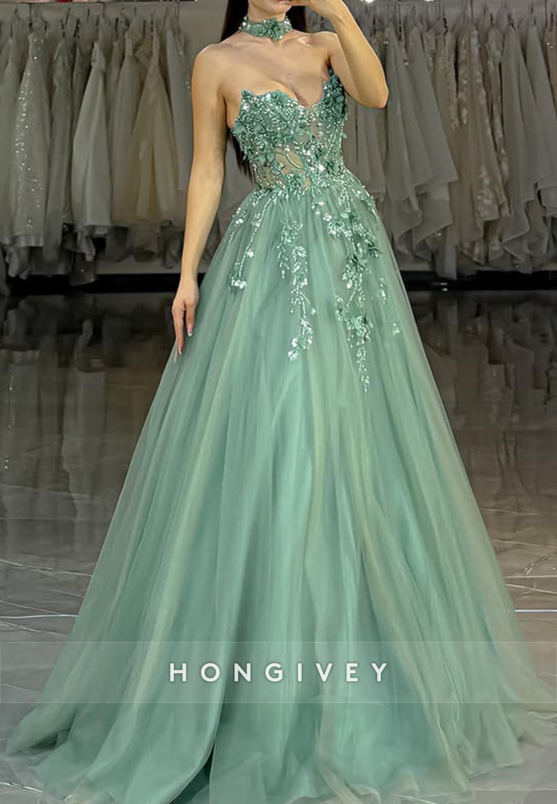 A-Line Sweetheart Lace Applique Rhinestone Long Prom Dresses