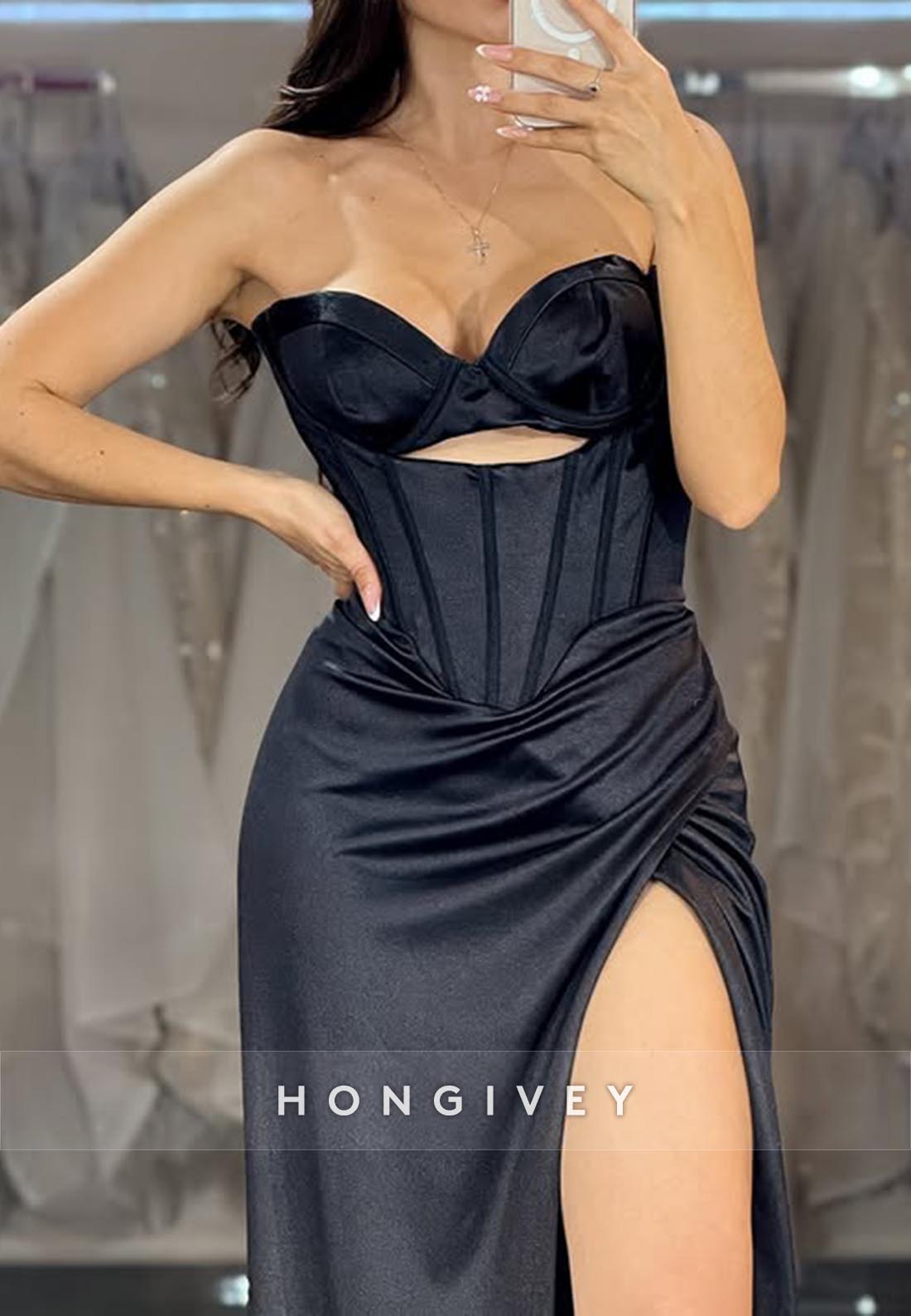 Black Sweetheart Ruched High Slit Sexy Prom Dresses with Brush Train