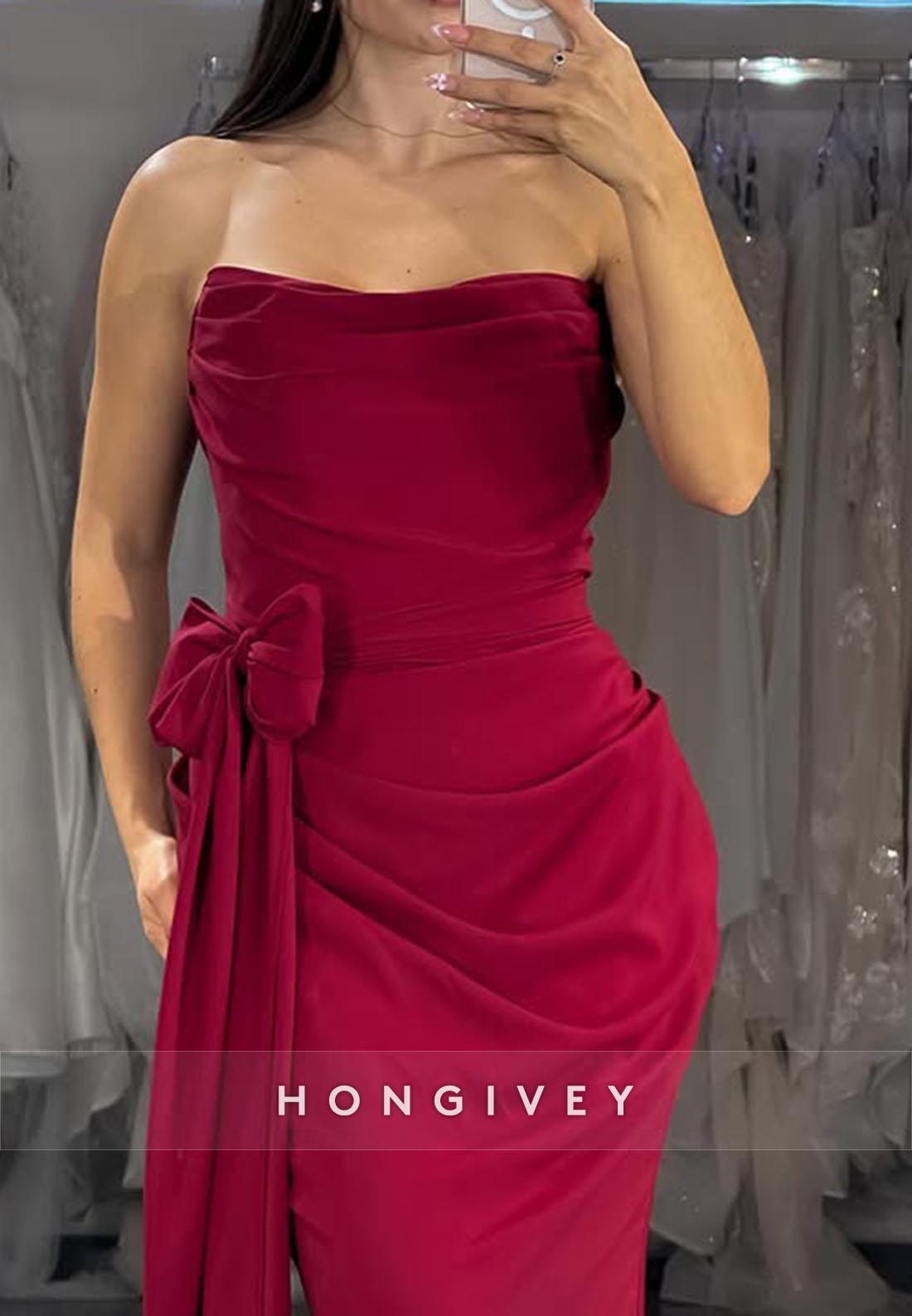 Strapless Bowknot Pleats Hot Long Mermaid Prom Dresses with Sweep Train