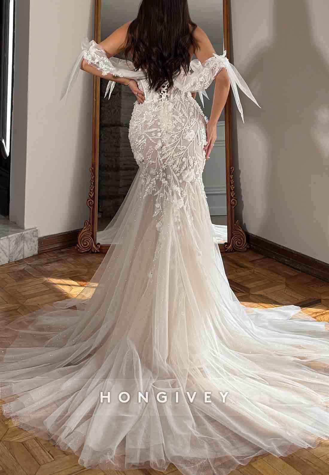 Detachable Appliqued Tulle Off the Shoulder Mermaid Wedding Dresses with Bowknot