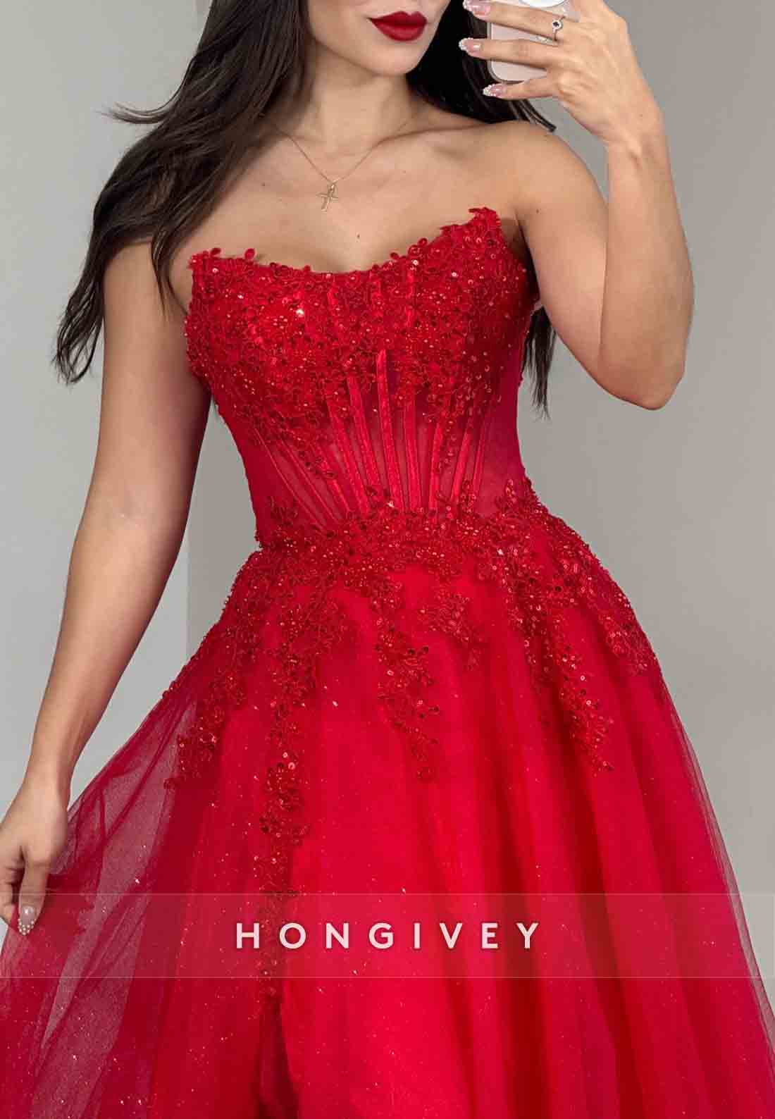 Red High Slit Strapless A-Line Glitter Beaded Empire Prom Dresses