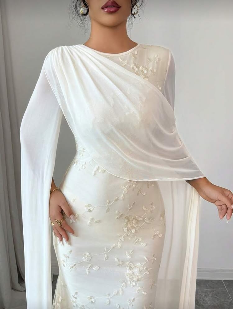 Elegant O-Neck Cape Sleeve Mermaid Applique Ankle-Length Evening Dress