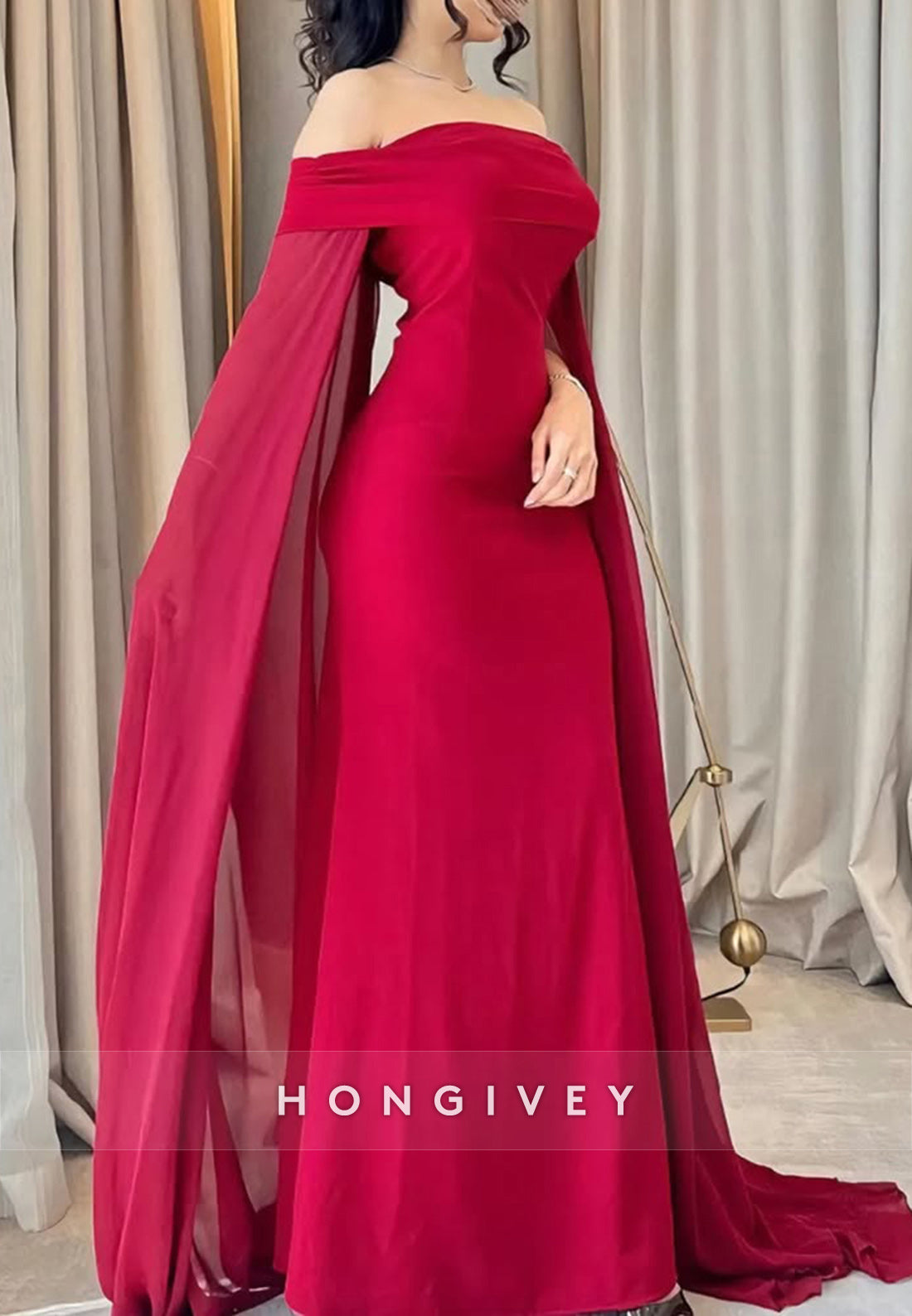 Red Column Off the Shoulder Floor-Length Evening Formal Dresses